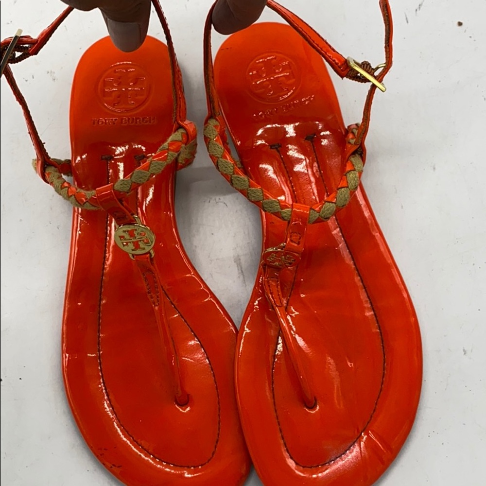 Tory Burch orange and beige flat sandals sz 6.5